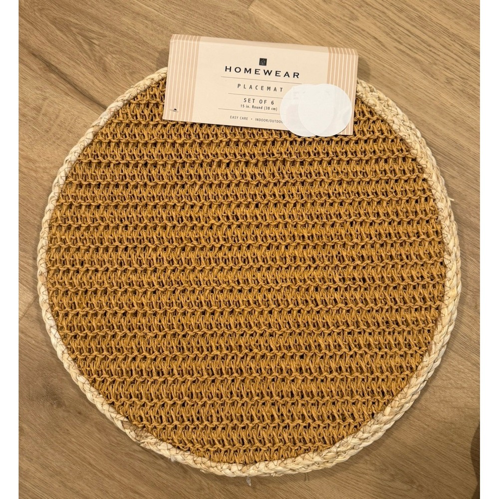 Homewear Brand Table Placemats Boho Syle Corn Husk Edging 15" Round Set Of 6 NEW